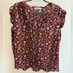 NWOT Sweet Rain Burgundy Paisley And Floral Ruffle Sleeve V-Neck Blouse 2X